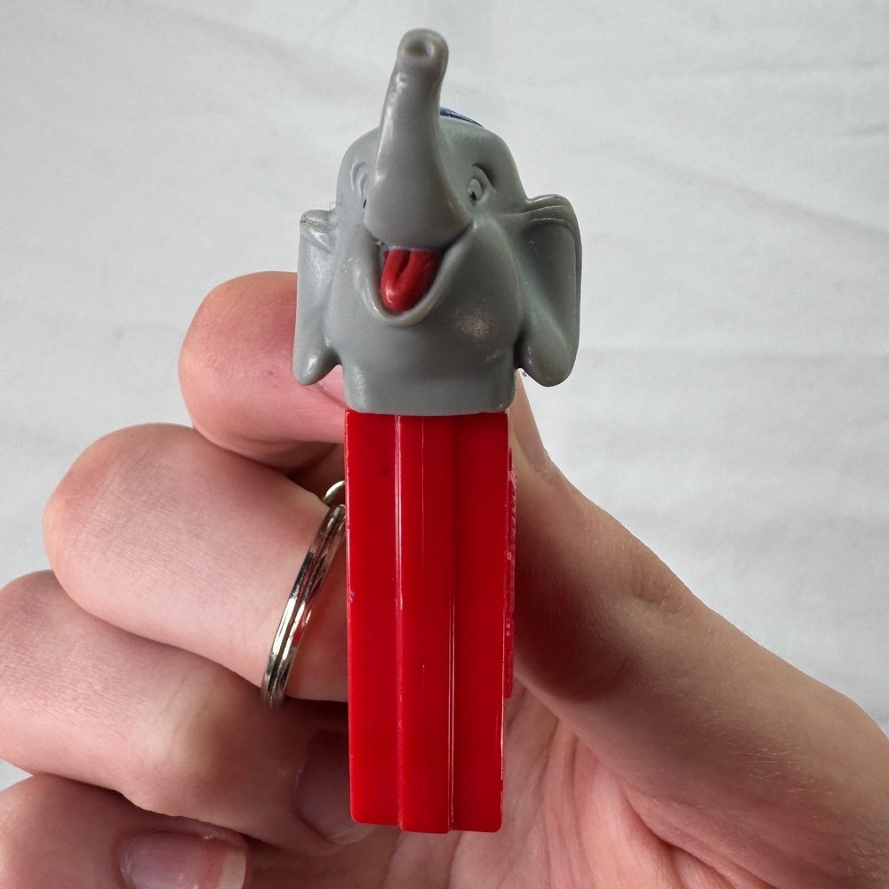 Vintage 1998 PEZ Elephant Keychain Gray‎ Blue Hat Red Stem Miniature Dispenser